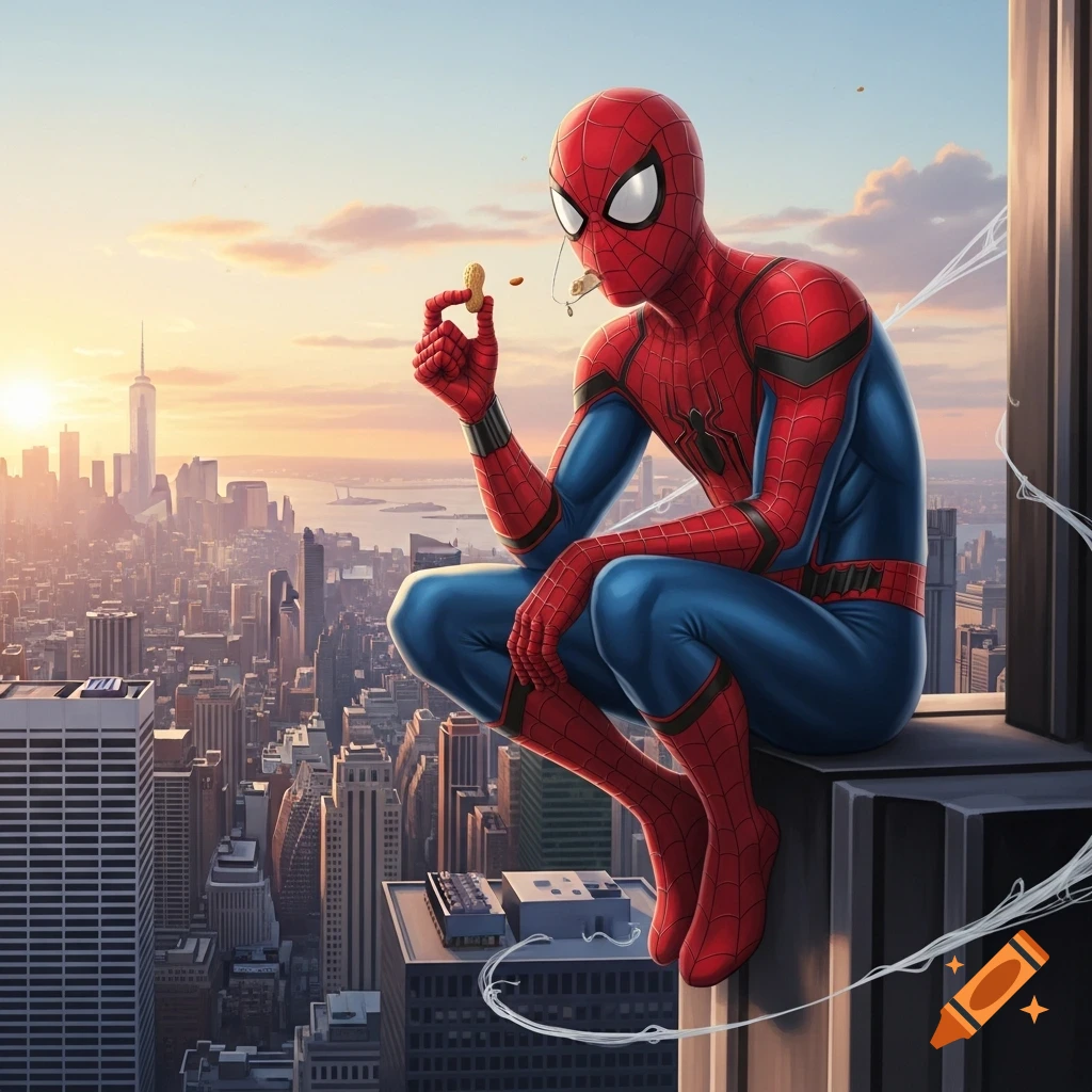 Spider-Man in his iconic red and blue suit sits on a skyscraper rooftop, eating a peanut with a city skyline at sunset in the background.