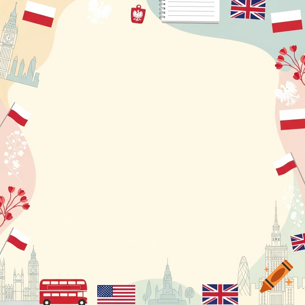 Minimalist illustration of a light cream background framed by British, American, and Polish cultural symbols.