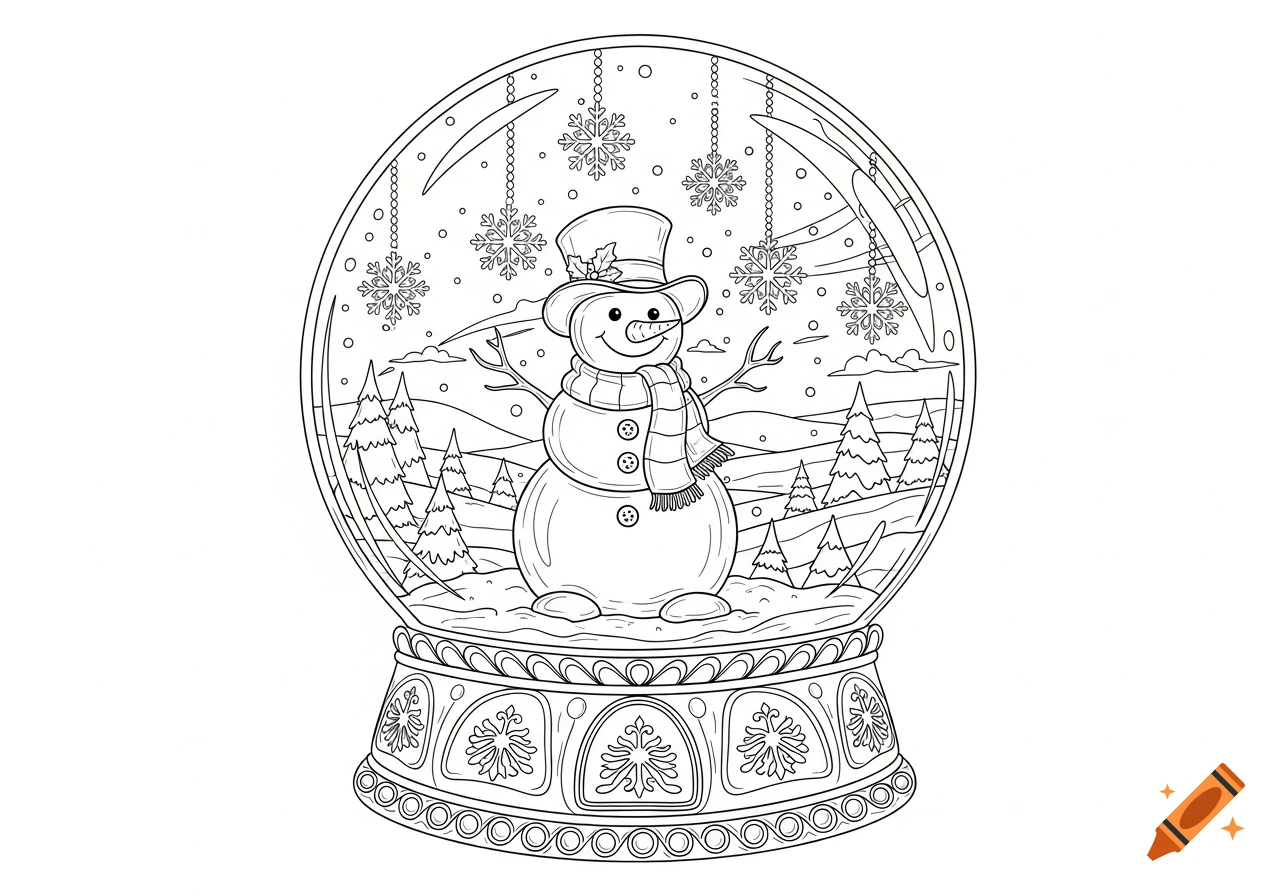 A black and white coloring page illustration of a snowman wearing a top hat and scarf inside a snowglobe, surrounded by trees and snowflakes.