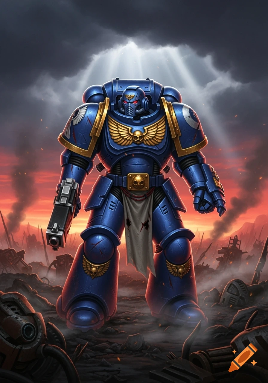 A heavily armored blue space marine, holding a pistol, stands on a fiery, war-torn battlefield under a dramatic, cloudy sky with rays of light breaking through.