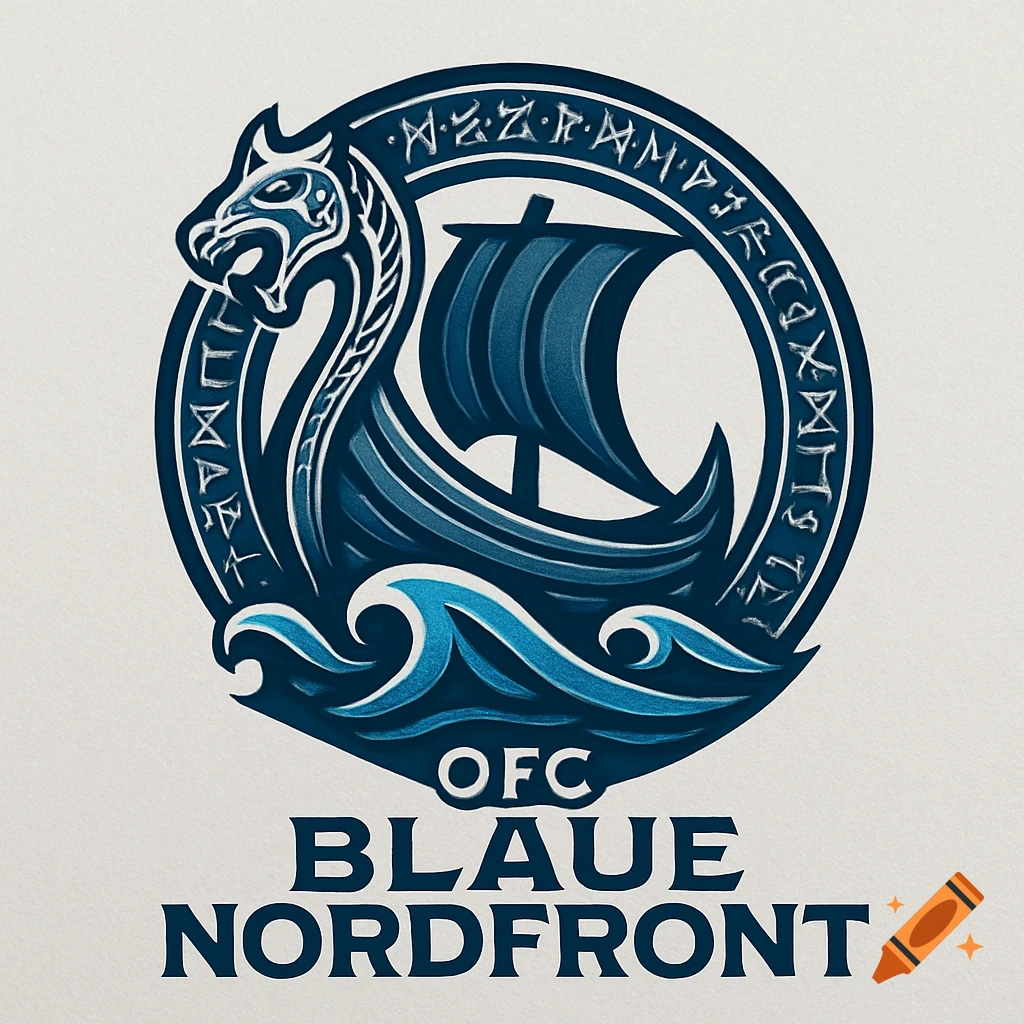A stylized blue logo featuring a Viking longship with a dragon head prow on waves, encircled by runic text. Below reads 'OFC BLAUE NORDFRONT'.