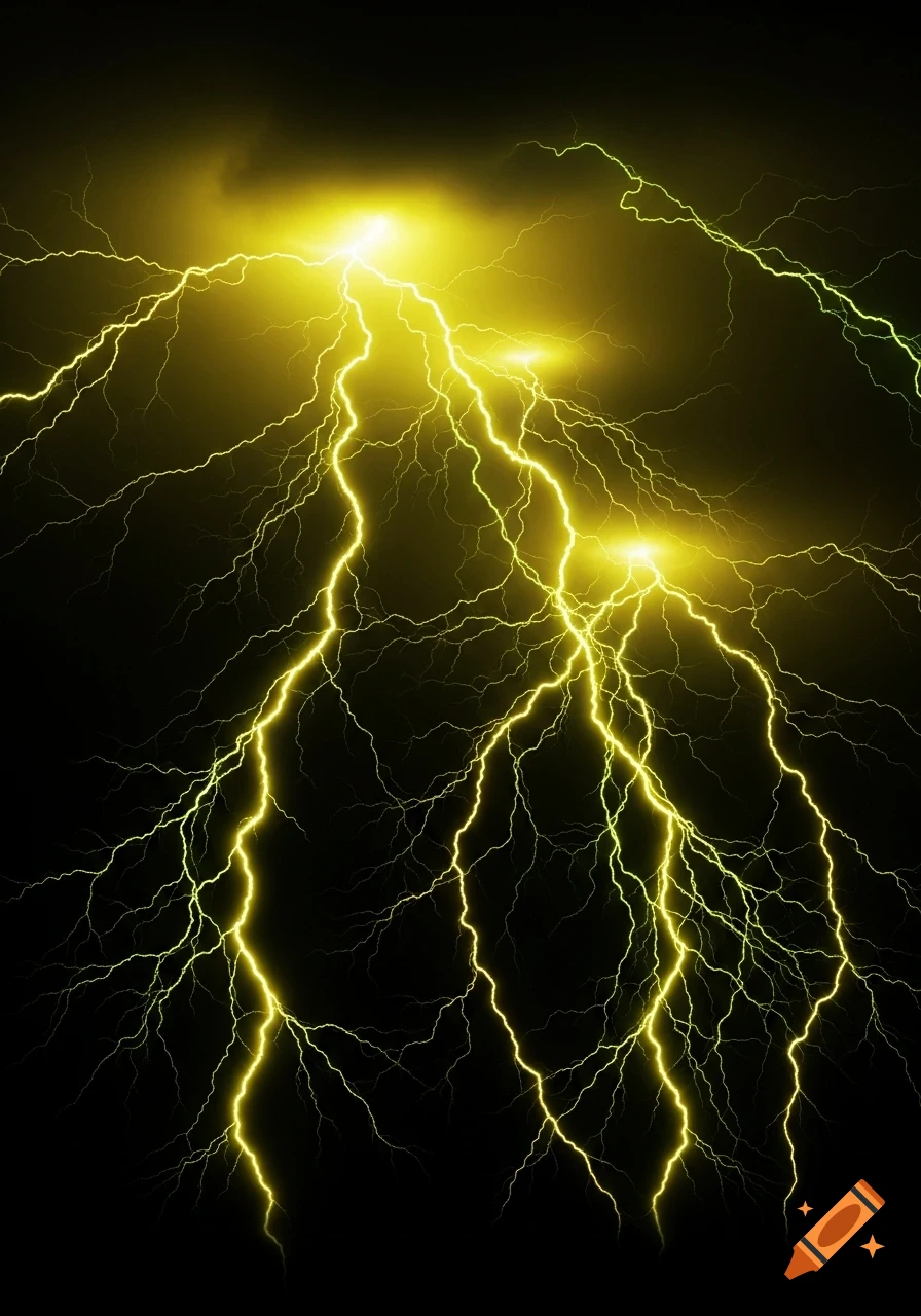 Bright yellow and green lightning bolts illuminate a dark, stormy sky.