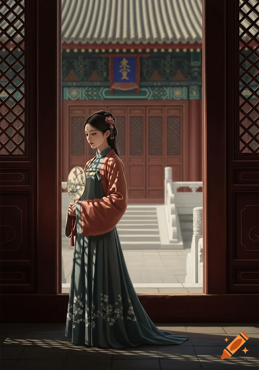 A woman in traditional Chinese attire stands holding a fan in a sunlit doorway of a temple.