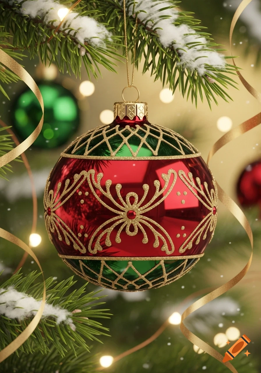 A vibrant red and green Christmas ornament with intricate gold glitter designs hangs on a snowy pine branch with bokeh lights.
