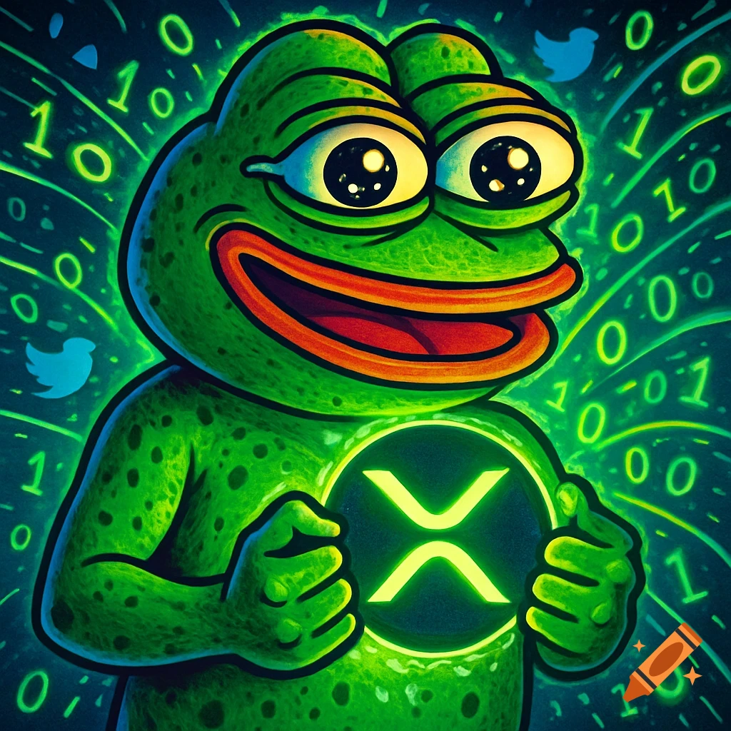 A cartoon green Pepe the Frog with wide, excited eyes holds a glowing XRP cryptocurrency logo, with binary code and Twitter birds in the background.