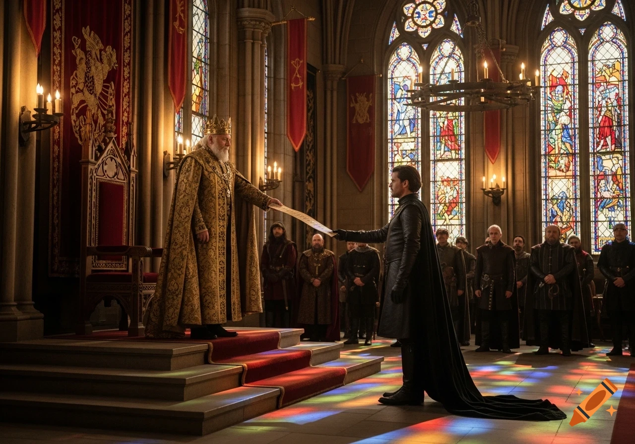 A king in golden robes on steps presents a document to a man in black, watched by others in a grand hall with stained glass windows.