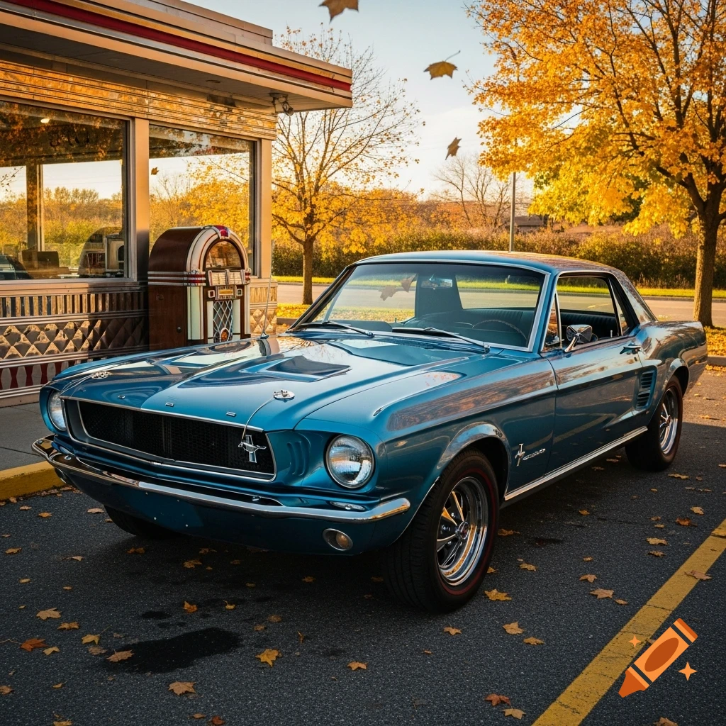 A teal classic Ford Mustang is parked in front of a retro diner on an autumn day, with golden trees and scattered leaves.