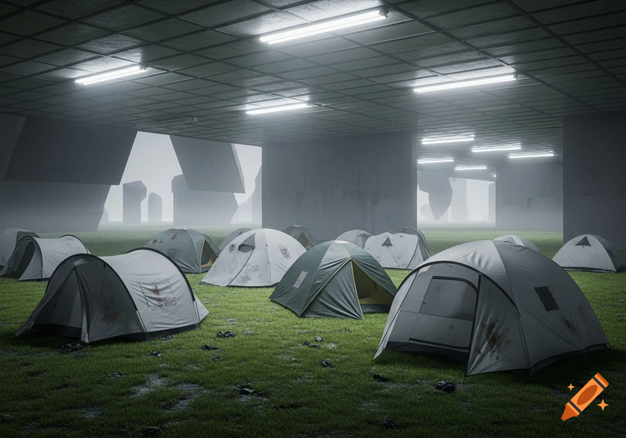 A photorealistic, moody scene of a campground in a dystopian setting, with tents on grass under concrete structures and fluorescent lights.