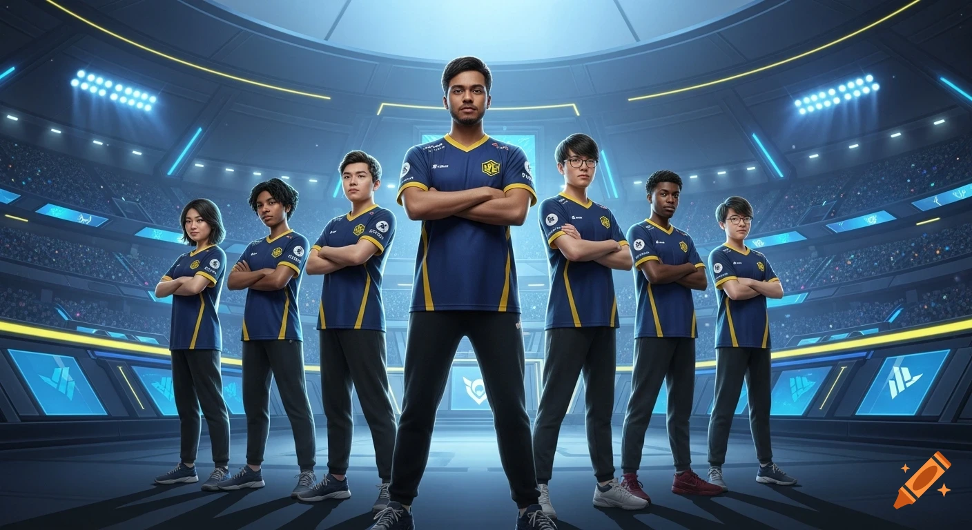 A diverse esports team in blue and yellow jerseys stands confidently in a futuristic stadium, rendered in high-quality digital art style.