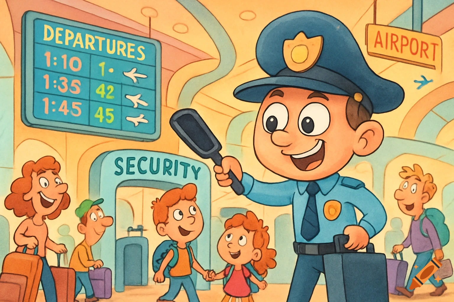 Cartoon airport scene with a smiling security officer holding a metal detector, greeting families with luggage at the security checkpoint.