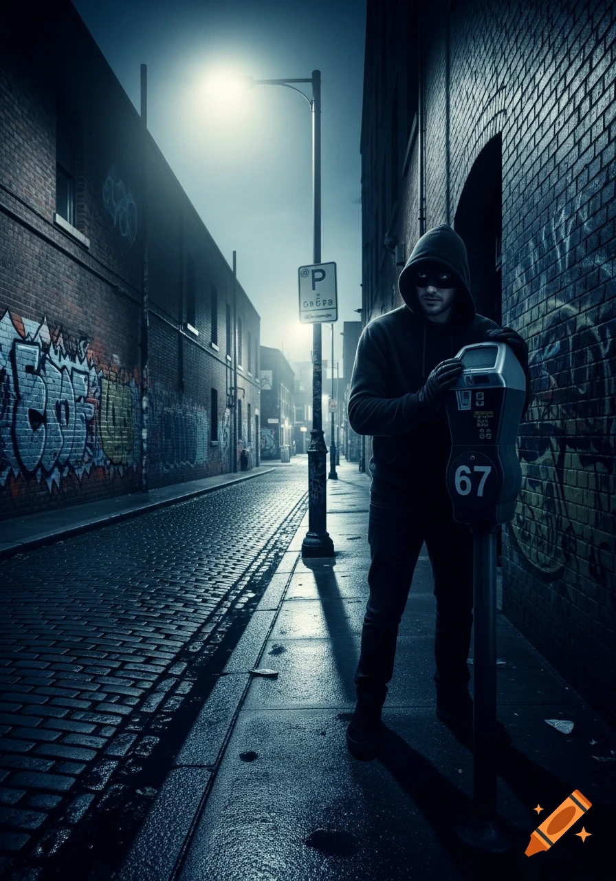 A masked figure in a hoodie stands next to a parking meter with "67" on it in a dark, graffiti-covered alley at night, lit by a streetlamp.