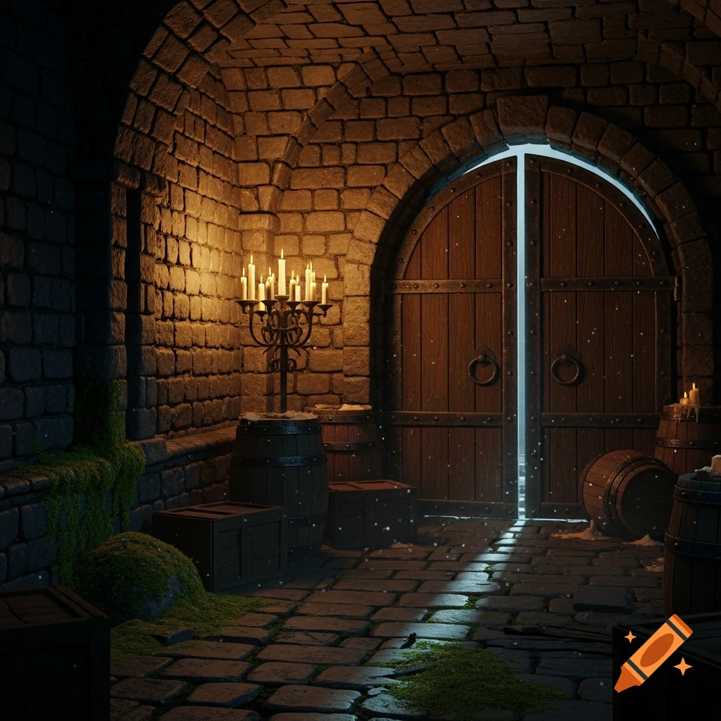 A dark, atmospheric medieval dungeon with stone walls, wooden barrels, and a candelabra, lit by candlelight and a crack in the arched door.