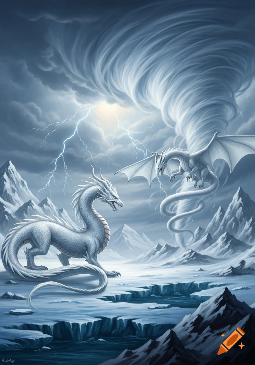 Two white dragons in a stormy, icy mountain landscape with lightning and a large tornado. One dragon stands on ice, the other flies.