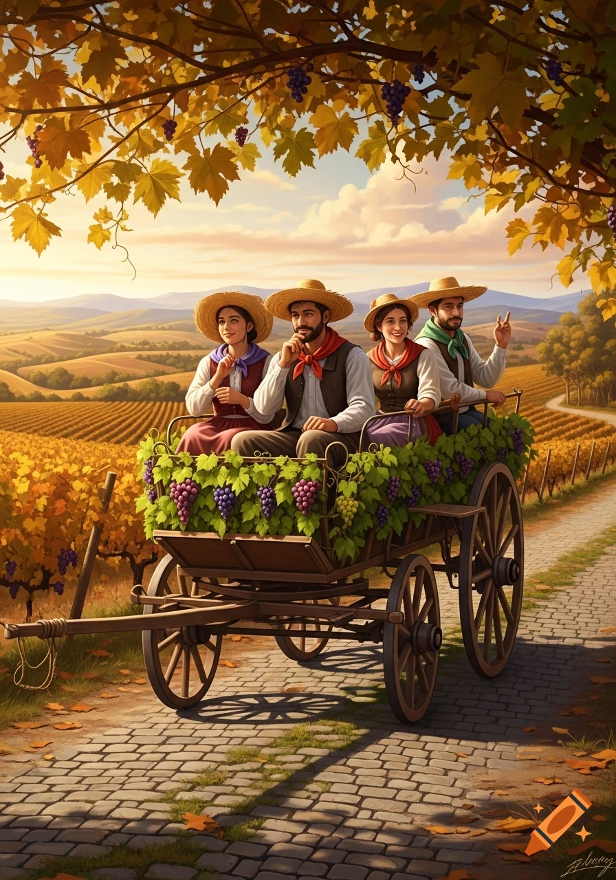 Four people in traditional attire ride a grape-decorated wagon through a vibrant autumn vineyard under a golden sky.