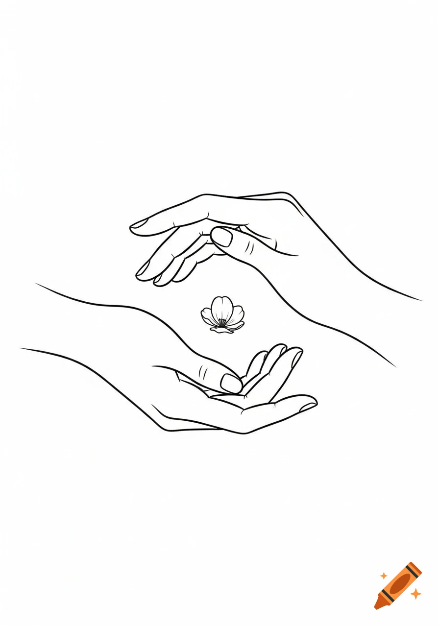 Minimalist black line art of two cupped hands cradling a small flower.