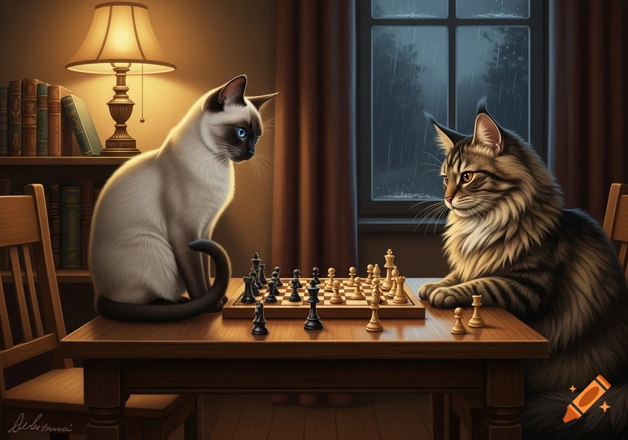 A Siamese cat and a fluffy tabby cat face each other across a chessboard on a wooden table, illuminated by a lamp in a cozy room, with rain visible outside a window.