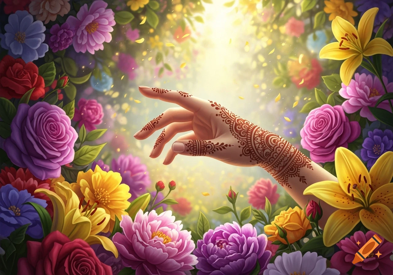 A hand adorned with intricate henna patterns reaching out amidst a vibrant garden of colorful, blooming flowers under bright sunlight.
