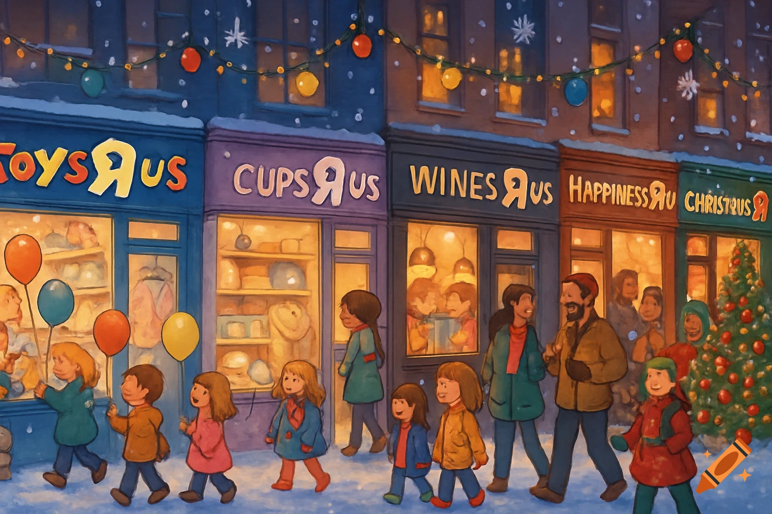 A festive illustration of a snowy city street lined with brightly lit "R Us" shops, including Toys, Cups, Wines, and Christmas. People and children, some holding balloons, stroll along the sidewalk.
