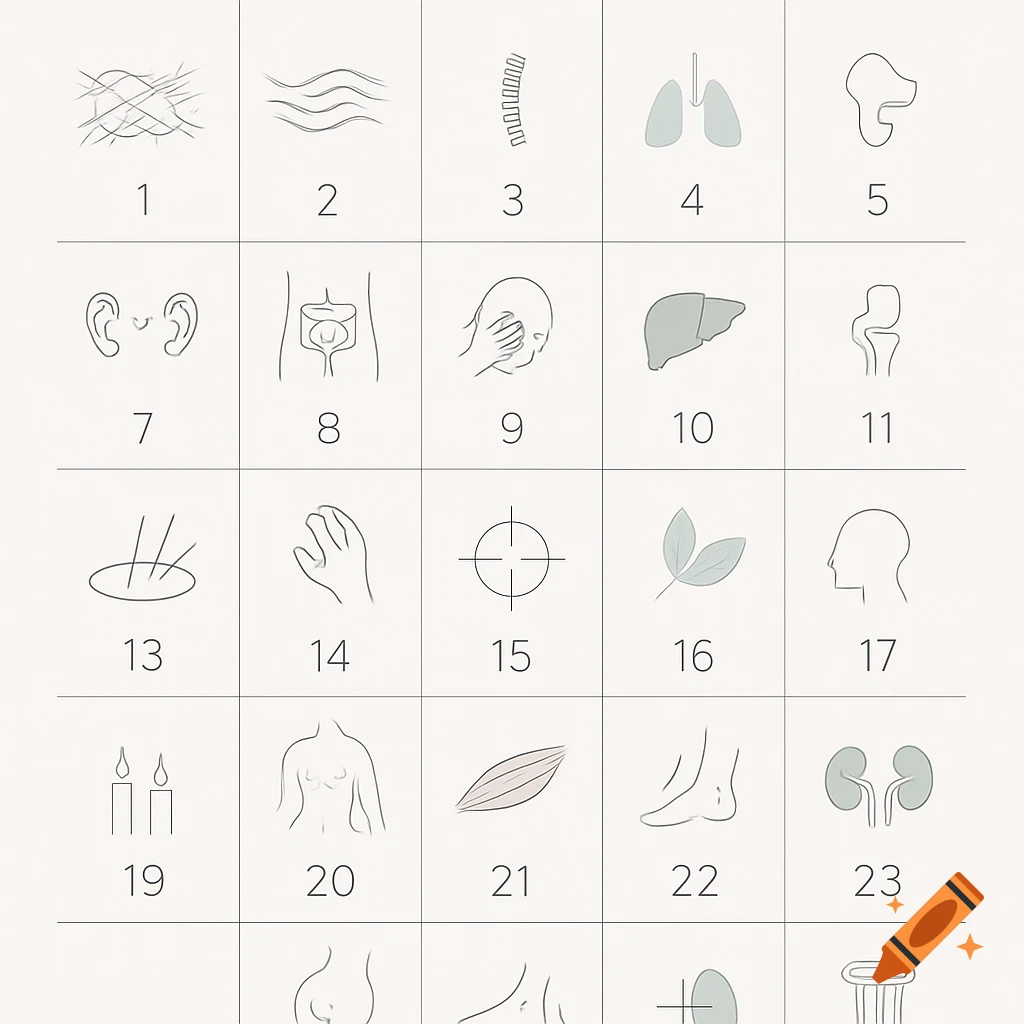 A minimalist advent calendar grid showing 23 numbered squares, each with a simple medical or anatomical icon.