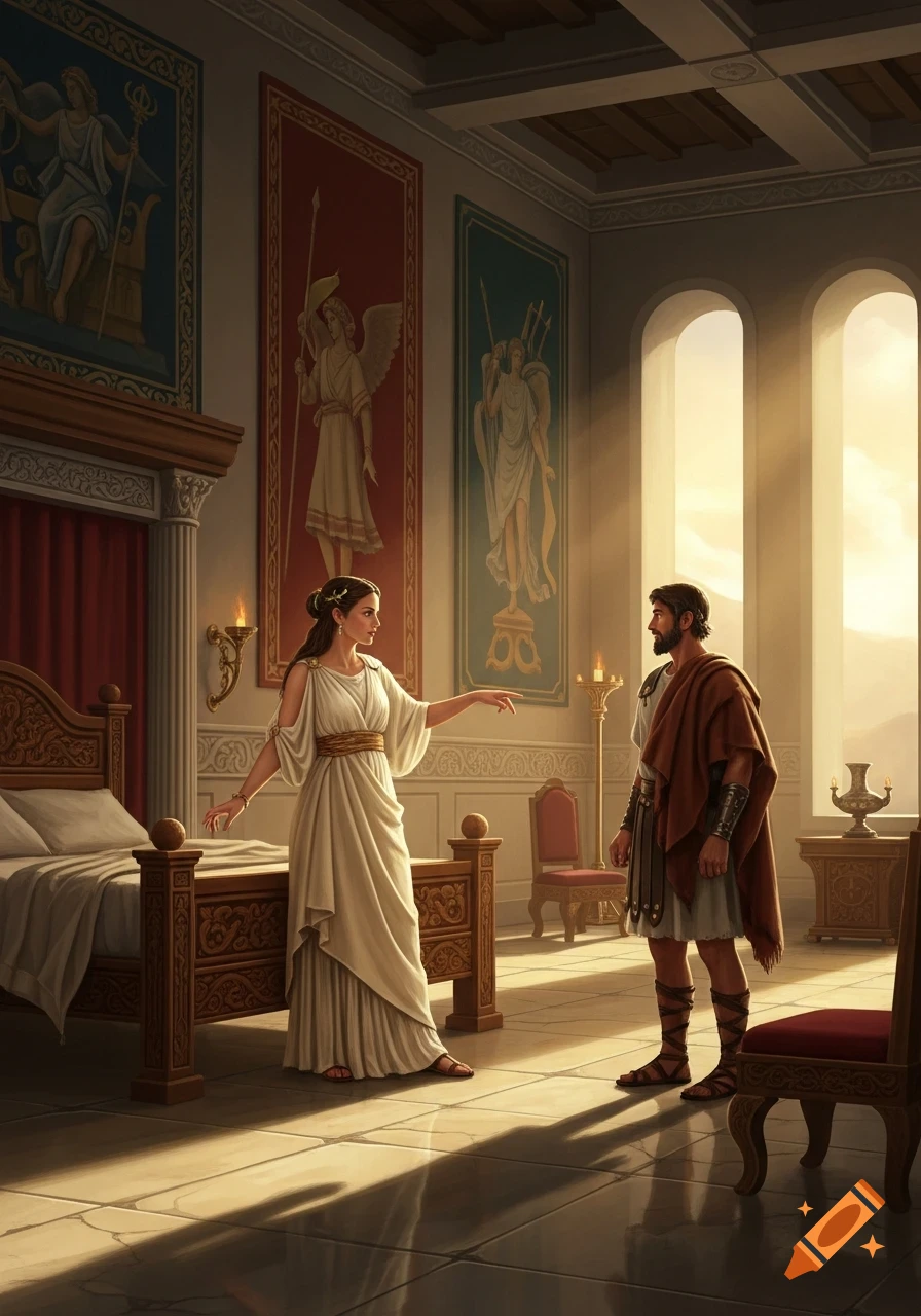 A woman in a white classical gown gestures to a man in a tunic and cloak in a sunlit ancient bedchamber.