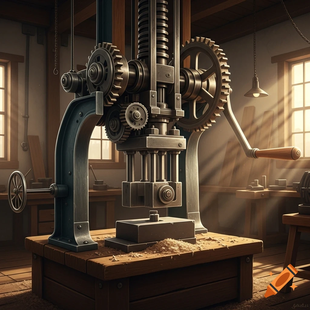 A photorealistic vintage industrial machine with large gears and a crank on a wooden workbench in a sunlit workshop.