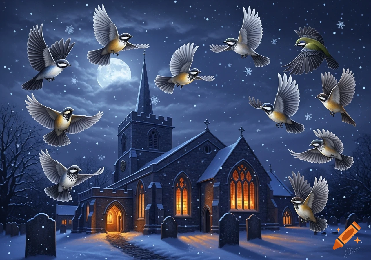Numerous small birds fly through a snowy night sky with a full moon over an illuminated old stone church and gravestones.