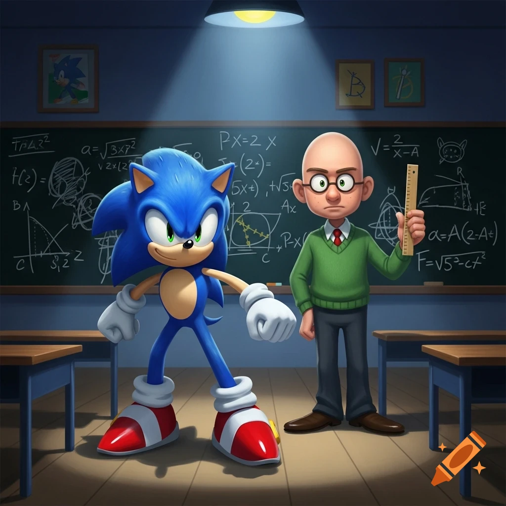 Sonic the Hedgehog and Baldi from Baldi's Basics stand in a classroom with a blackboard covered in math equations.
