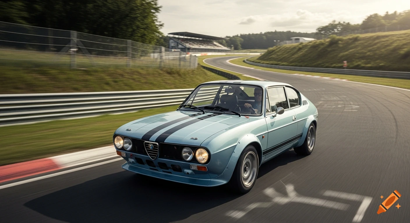A light blue vintage Alfa Romeo coupe with black racing stripes speeds around a turn on a sunlit race track, with a driver inside.