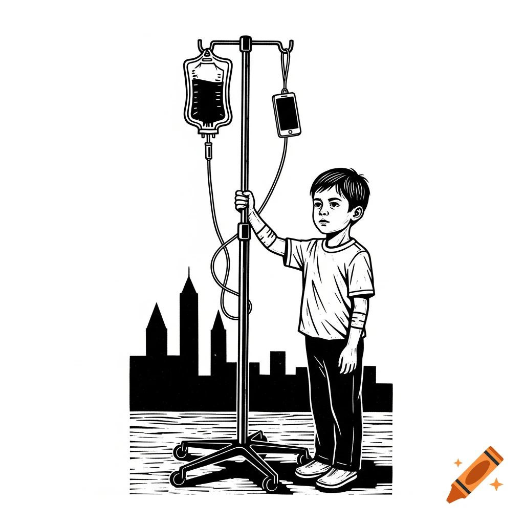 Monochrome linocut illustration of a boy holding an IV pole with a smartphone instead of an IV bag, city silhouette in the background.