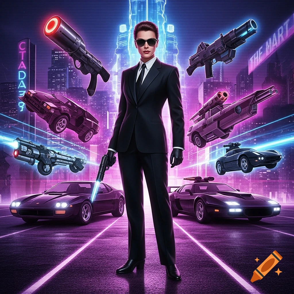 A woman in a black suit with sunglasses holds a glowing pistol, surrounded by futuristic cars and weapons in a neon cyberpunk city.