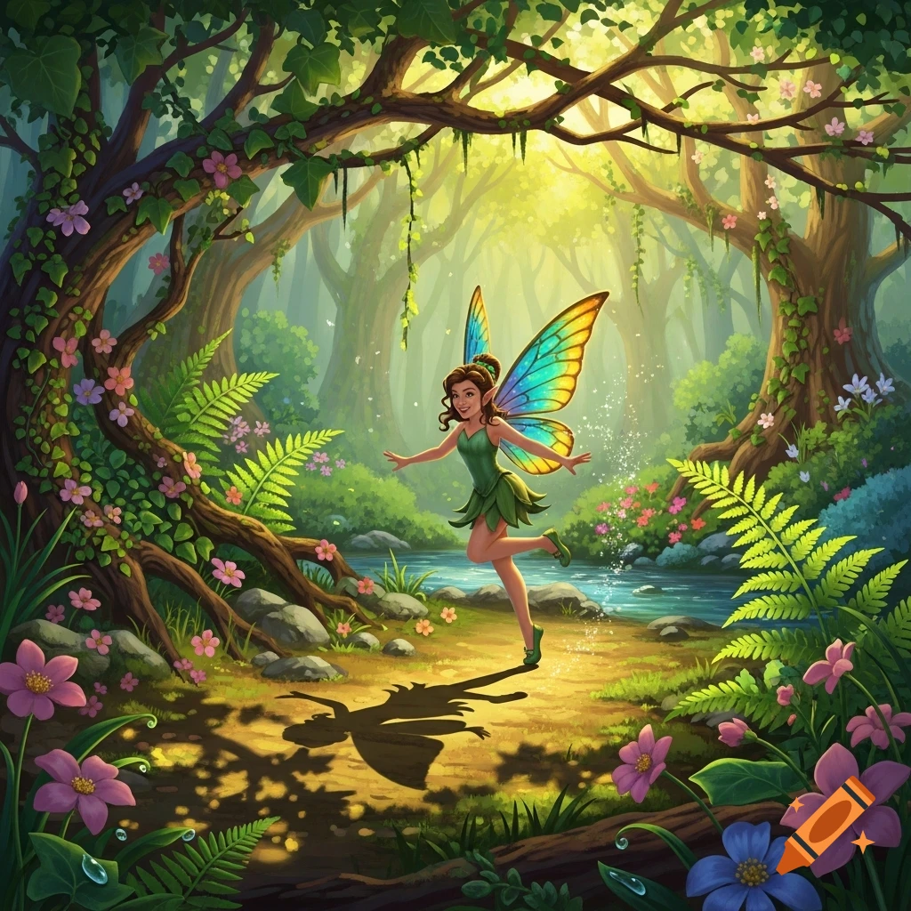 A spunky fairy with colorful wings dances in a sunlit, vibrant spring forest with a sparkling brook and blooming flowers.