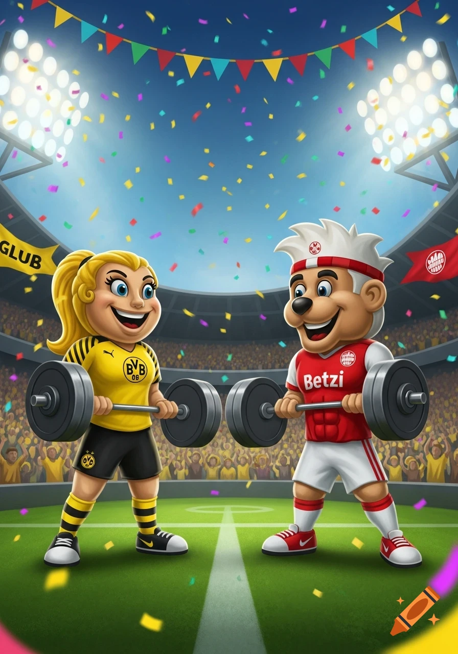Cartoon mascots of Emma BVB and Betzi Kaiserslautern cheerfully lifting weights in a vibrant, confetti-filled football stadium.