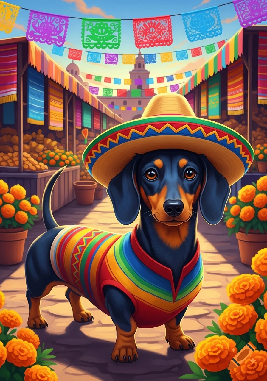 A cartoon dachshund wearing a sombrero and colorful serape stands in a festive Mexican market street with papel picado and marigolds.