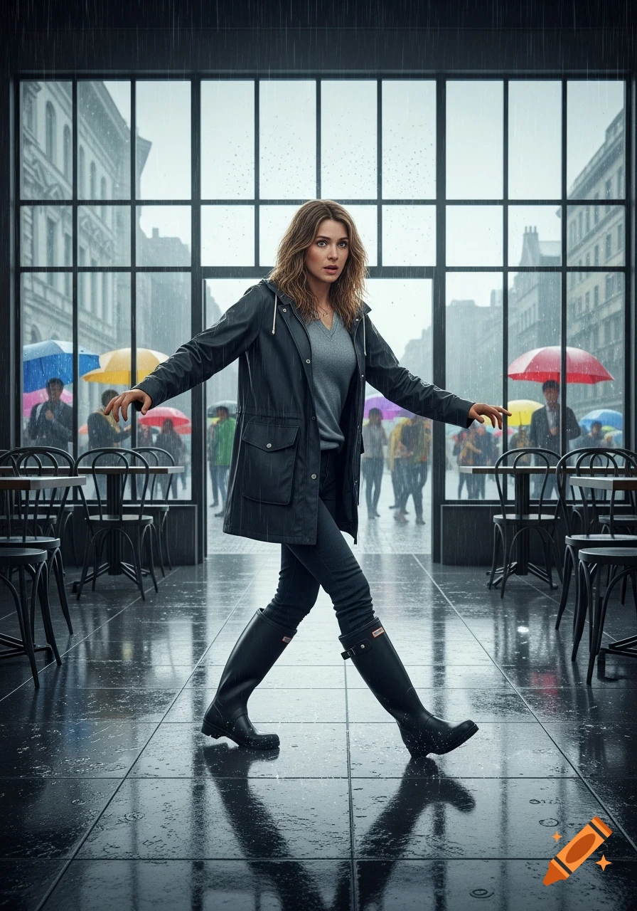 Photorealistic image of a woman in a dark raincoat and wellies walking on a wet tiled floor inside a cafe, with a rainy city street visible through the windows.