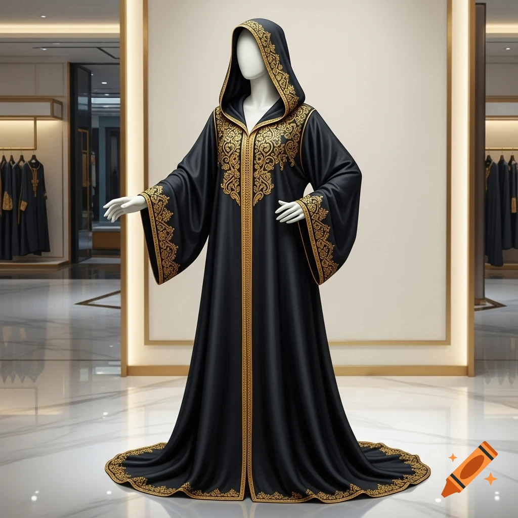A jet black hooded robe with intricate gold detailing is displayed on a white mannequin in a well-lit store.