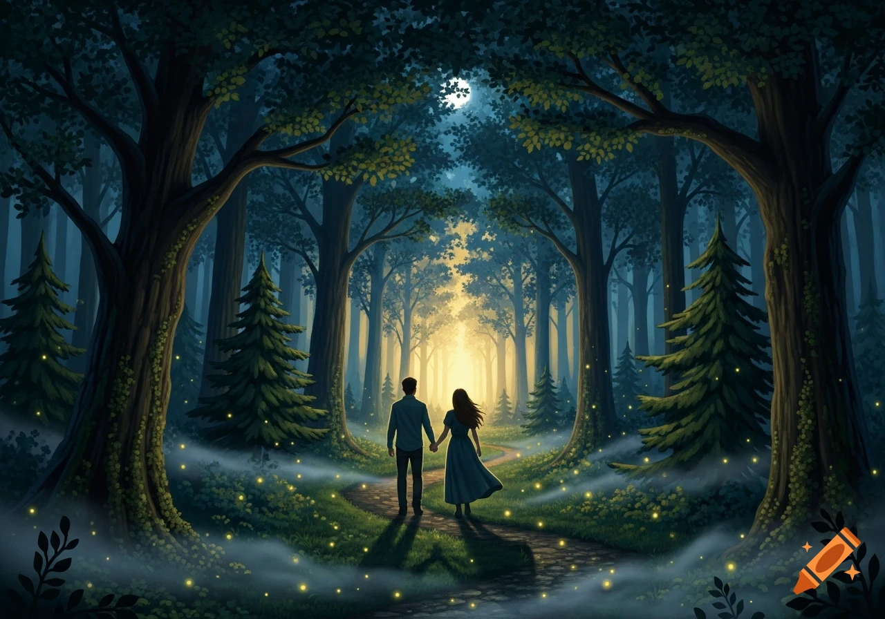Two people holding hands walk down a glowing path through a dark, magical forest at night, under a full moon.