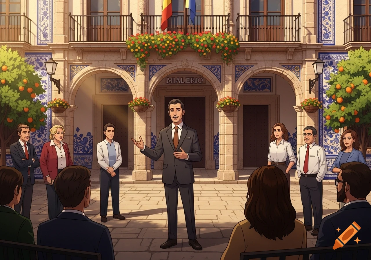 A man in a suit speaks to a diverse group of people in front of a grand, tiled building with arches, balconies, and orange trees in a cartoon style.