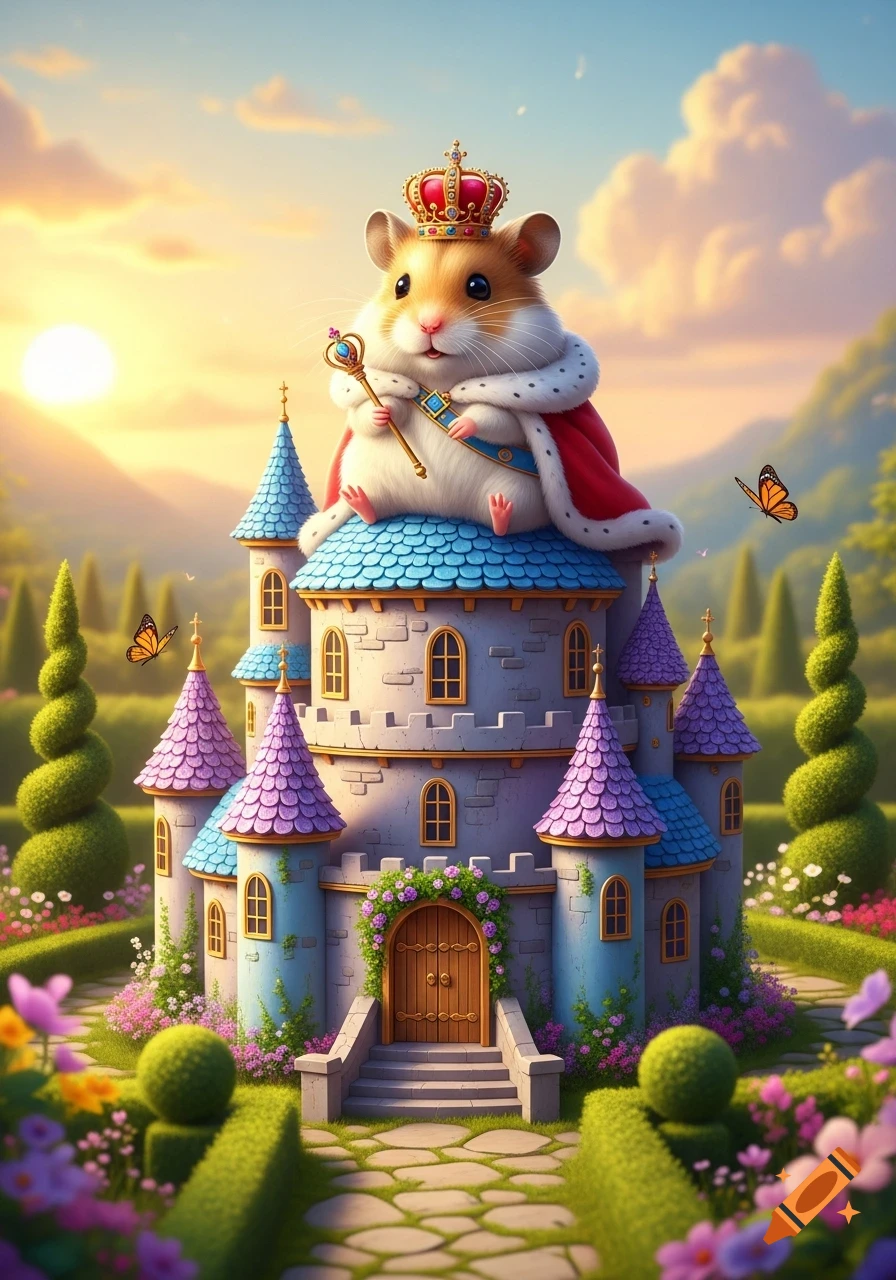 A cute hamster king wearing a crown and red cape sits atop a magical, colorful castle surrounded by lush gardens under a sunset sky.
