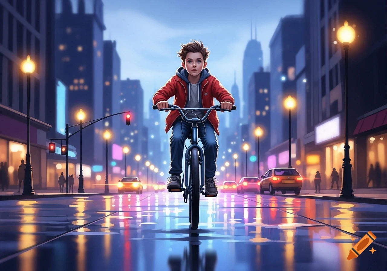 Stylized illustration of a boy on a bicycle riding down a wet city street at night, reflecting bright building and street lights.
