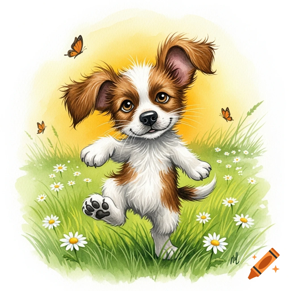 Watercolor illustration of a happy brown and white puppy dancing in a daisy field with butterflies under a sunny sky.