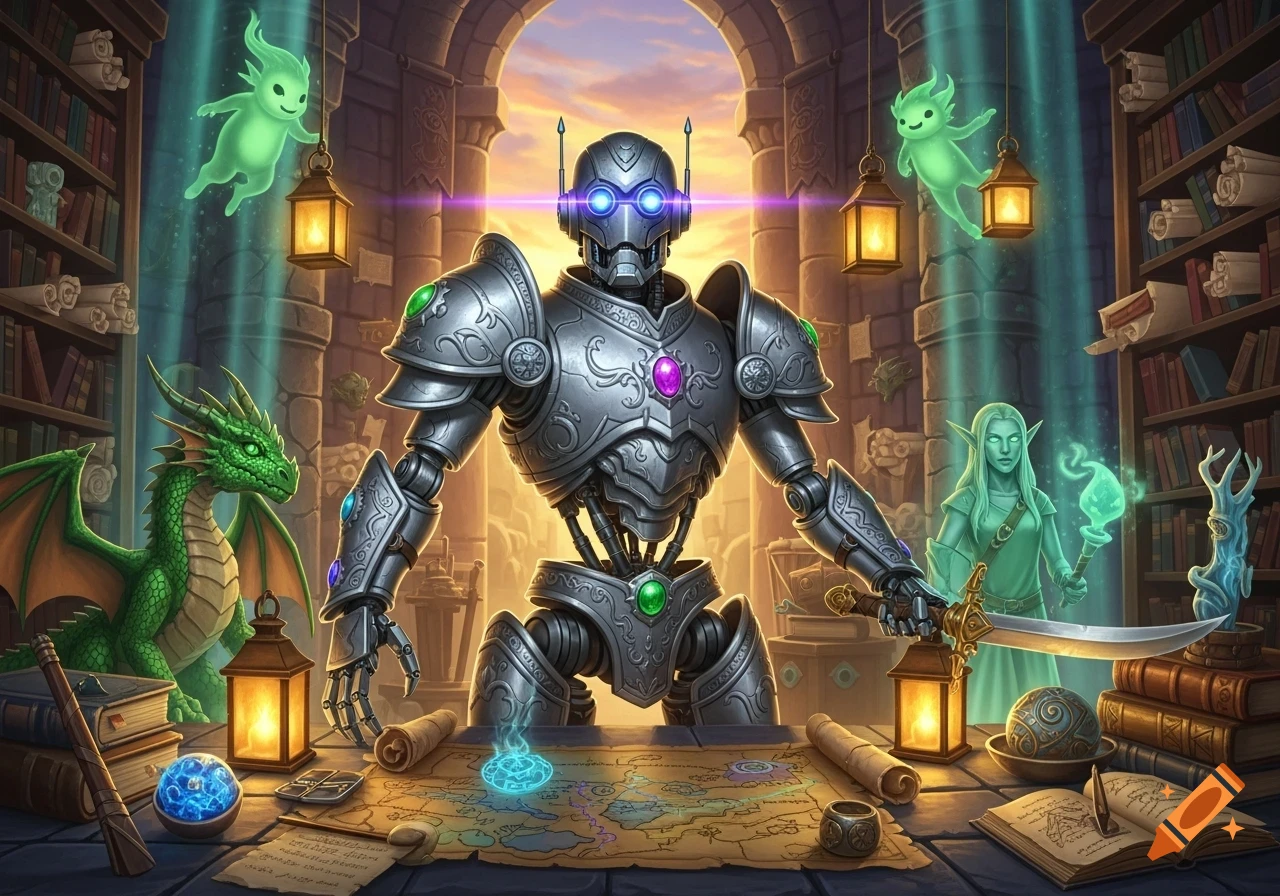 A robotic knight stands over a map on a table in a magical library, flanked by a green dragon and a glowing elf, with spirits floating above.