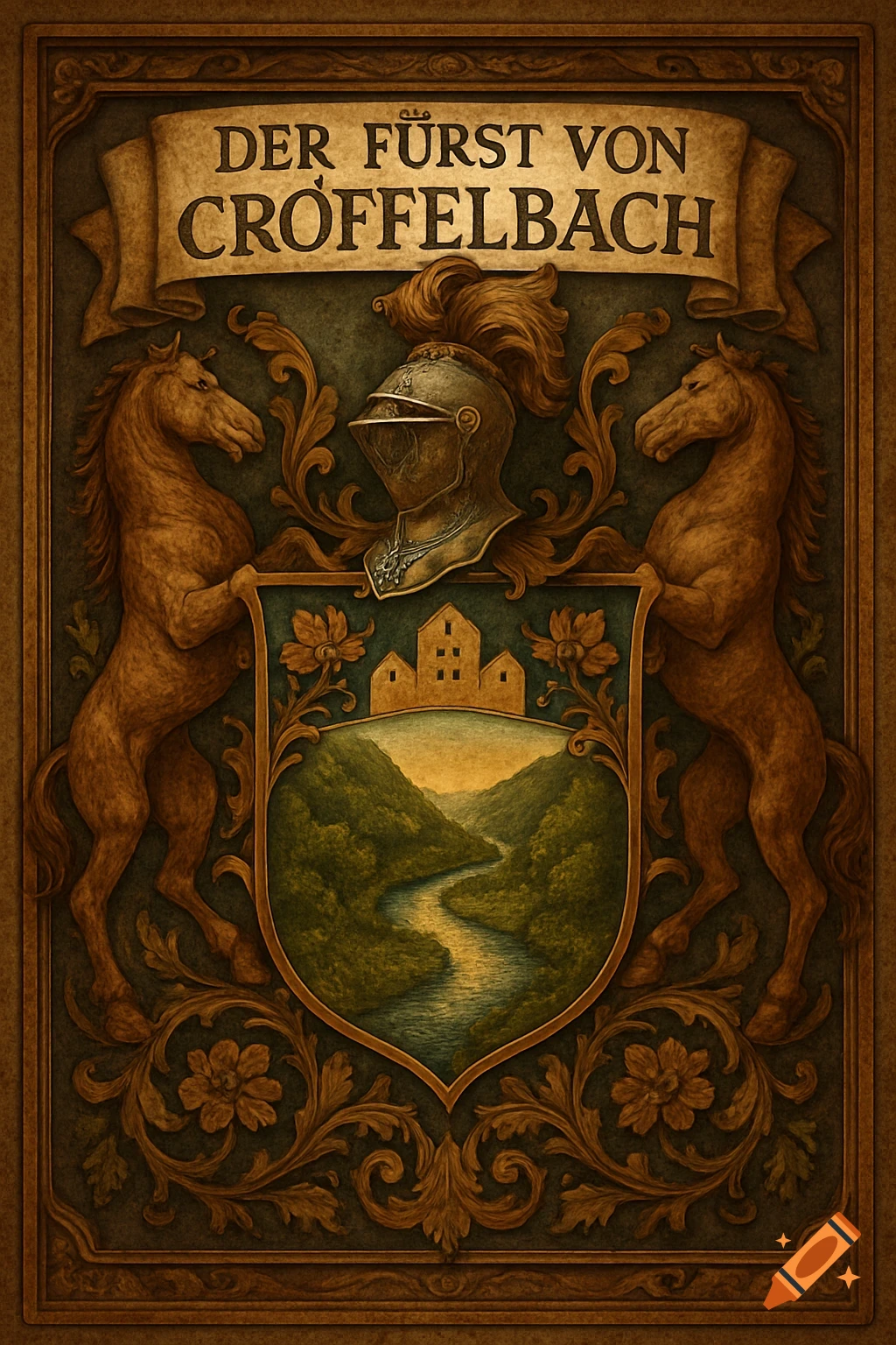 An ornate medieval coat of arms featuring two rearing horses, a knight's helmet, a shield with a castle and river, and text.