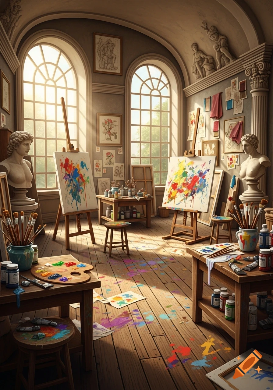 A sunlit, classical artist's studio with easels holding vibrant abstract paintings, art supplies, and classical busts.