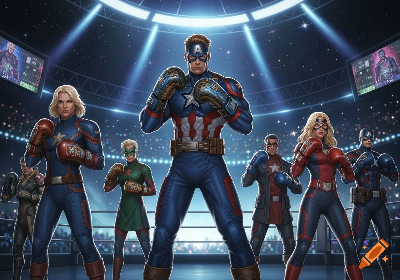 Captain America leads a group of Marvel-like superheroes in a boxing ring, all wearing boxing gloves, under stadium lights.