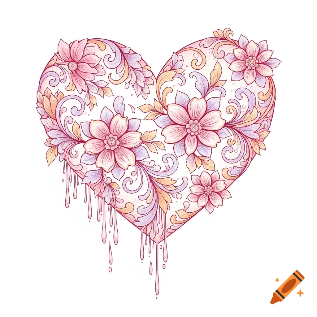 Decorative floral heart illustration with pink and purple flowers, leaves, and dripping elements.