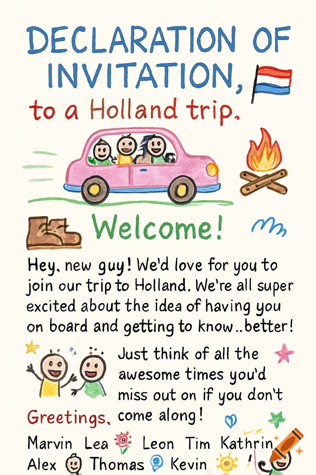 A colorful, child-like illustration of an invitation to a Holland trip, with drawings of a car, people, a Dutch flag, and text.