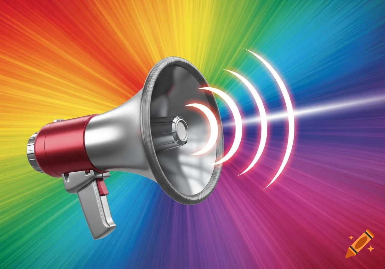 A silver and red megaphone with white sound waves emitting from it, set against a vibrant rainbow starburst background.