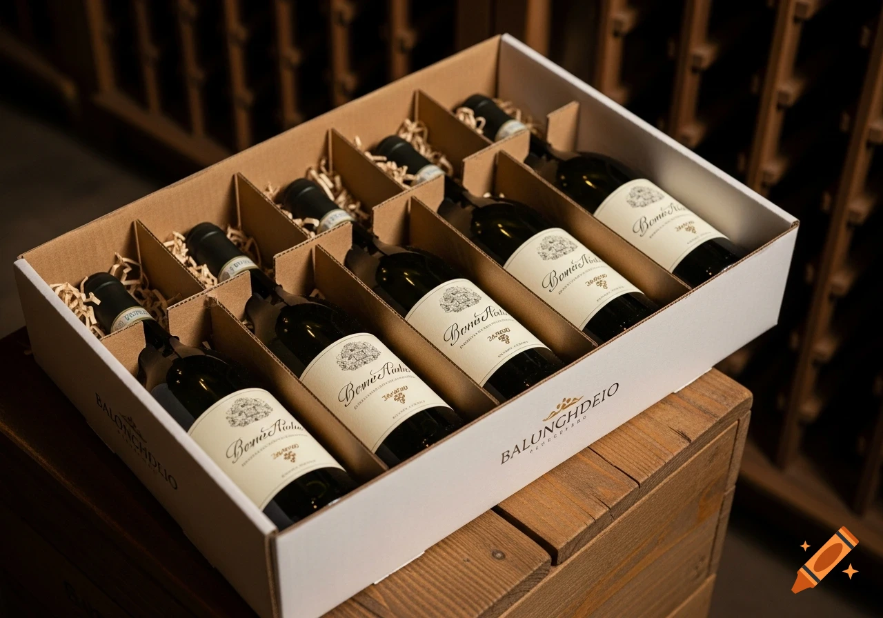 Six dark wine bottles with white labels arranged neatly in a cardboard box, set on a wooden surface in a cellar.