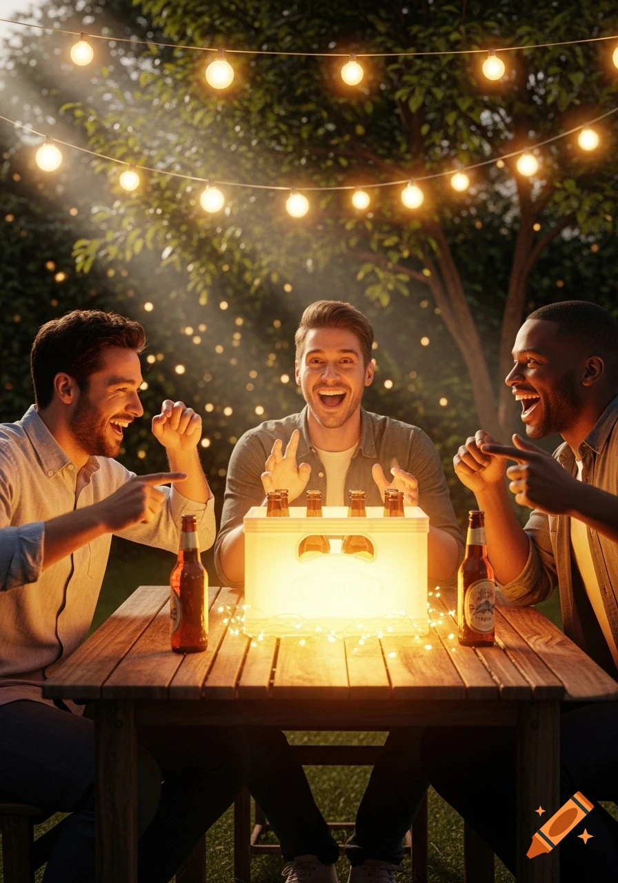 Three diverse men are laughing and smiling joyfully around a glowing crate of beer bottles at an outdoor evening party with string lights.