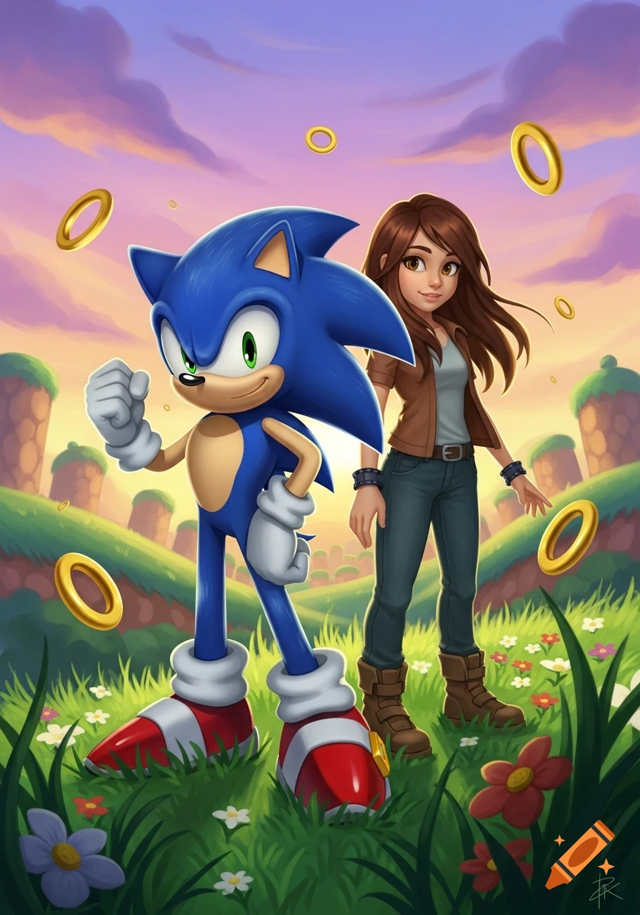 Sonic the Hedgehog and a human girl stand in a green, grassy landscape with gold rings and a sunset sky, stylized.